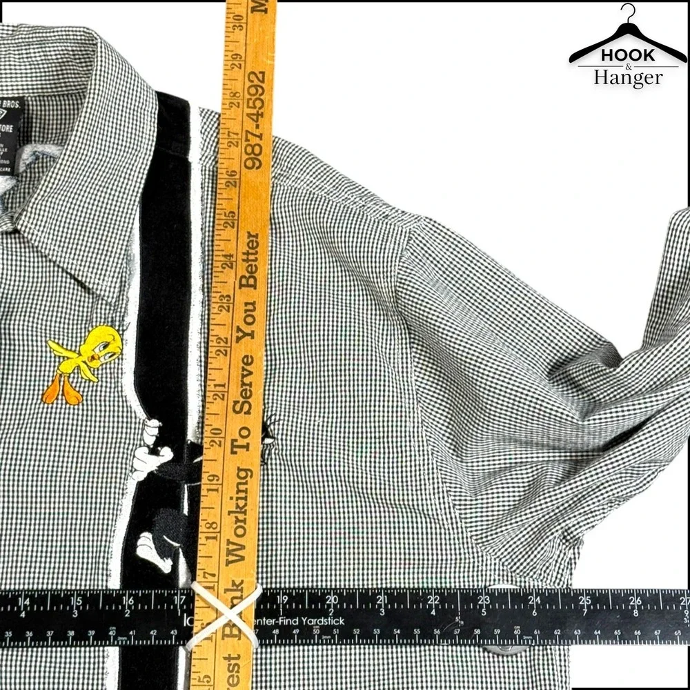 Vintage Warner Bros Looney Tunes Shirt XL Black White Gingham 90s Faux Suspender - Picture 12 of 13